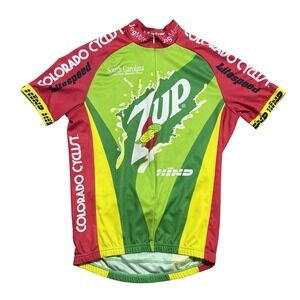 7UP‎ Cycling Jersey Mens Medium Green Yellow Make 7UP Yours Short Sleeve Hind